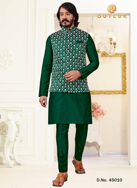 Green Colour Party Wear Art Silk Jacquard Print Kurta Pajama With Jacket Mens Collection 45010